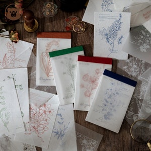 Könnte beinhalten: Sortiment an floral gemusterten Papierbögen mit grünem, rotem und blauem Rand. Die Papierbögen zeigen botanische Illustrationen von Blumen und Blättern. Die Papierbögen eignen sich perfekt zum Scrapbooking, Kartenbasteln und anderen Papierarbeiten.