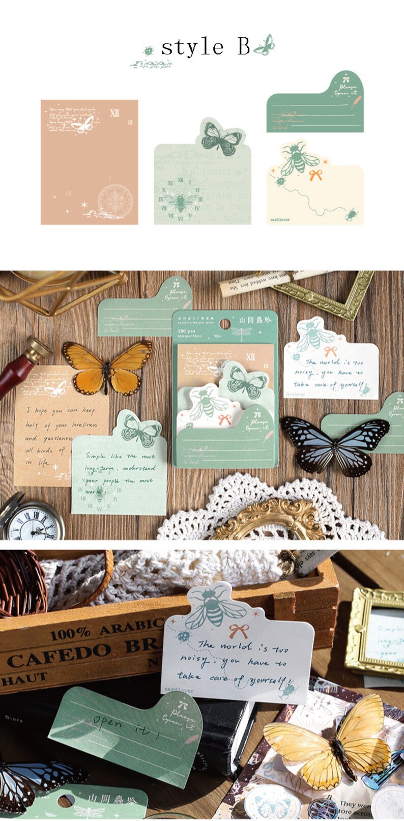 May include: A set of green and white patterned sticky notes with butterfly and bee illustrations. The notes are in a variety of shapes and sizes. The text on the notes includes "Please open it", "The world is too noisy, you have to take care of yourself!" and "Simple like the most long-term, understand your people the most warmth."
