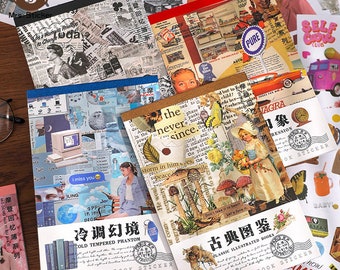 May include: A set of four sticker sheets featuring a collage aesthetic. The stickers include vintage illustrations, text, and graphics. These stickers are ideal for adding a unique touch to journals, planners, and other creative projects.