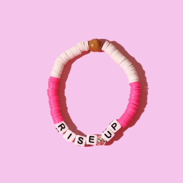 Rise Up Word Hot Pink Disc Beaded Bracelet | Pink and White Beaded Bracelet | Heishi Bracelet | Motivational Bracelet