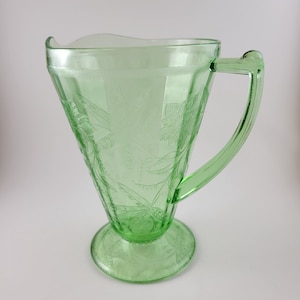 Vintage Green Leaf Design Uranium Depression Glass Pitcher