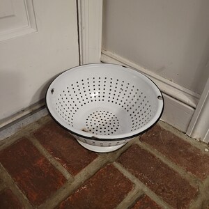 Vintage Enamelware Colander, White and Black Enamel Strainer