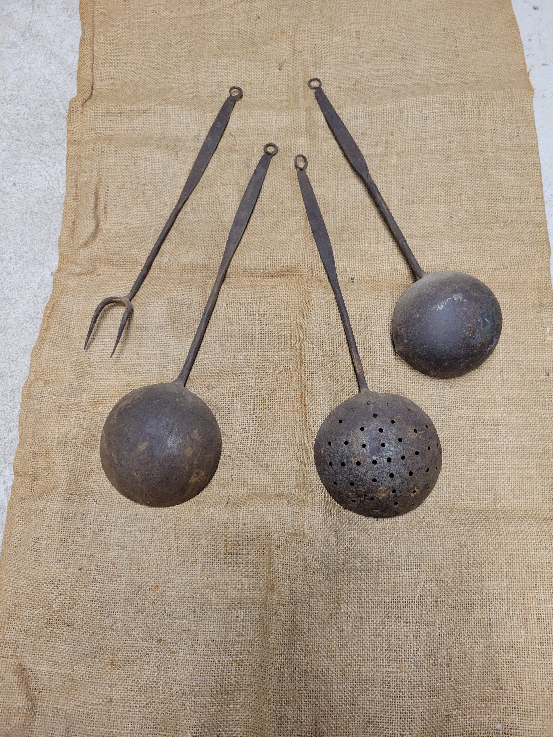 Antique Hand Wrought Iron Cooking Utensils 2 Ladles Skimmer Etsy