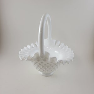 Vintage Milk Glass Ruffled Hobnail Handled Dish