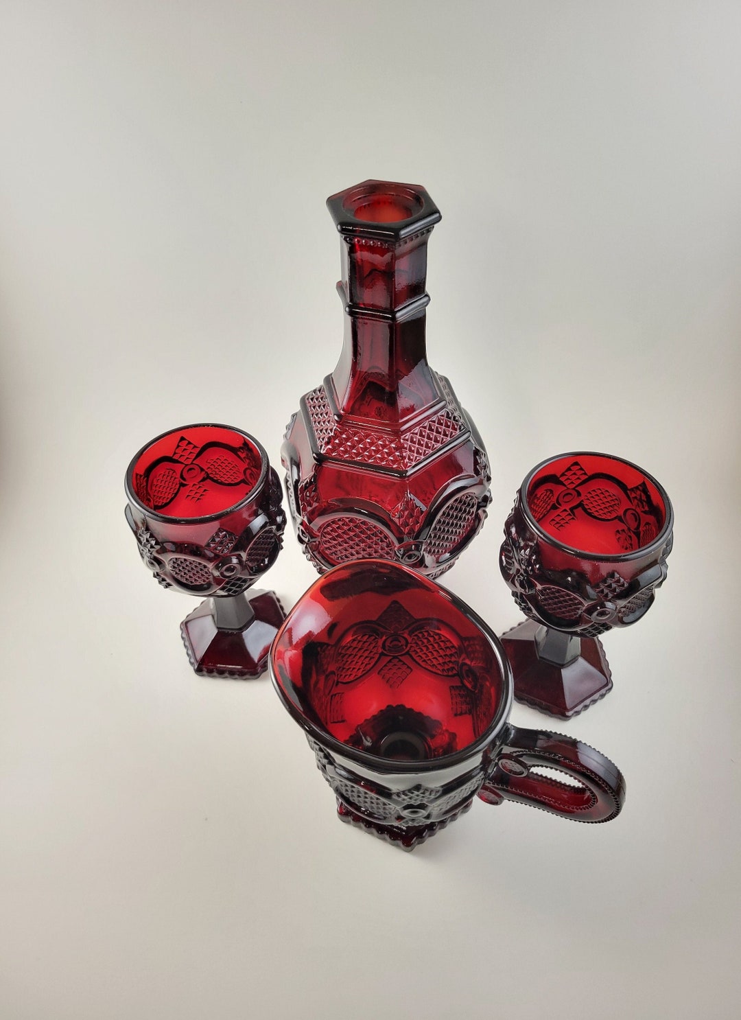 Vintage Ruby Red Cape Cod Avon Glass Table 4 Piece Set, Decanter, Two ...