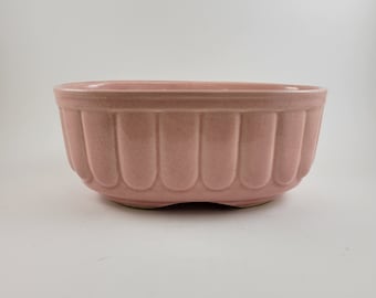 May include: A pale pink ceramic planter with a scalloped rim and a fluted design. The planter has a rounded oval shape and a slightly flared lip.