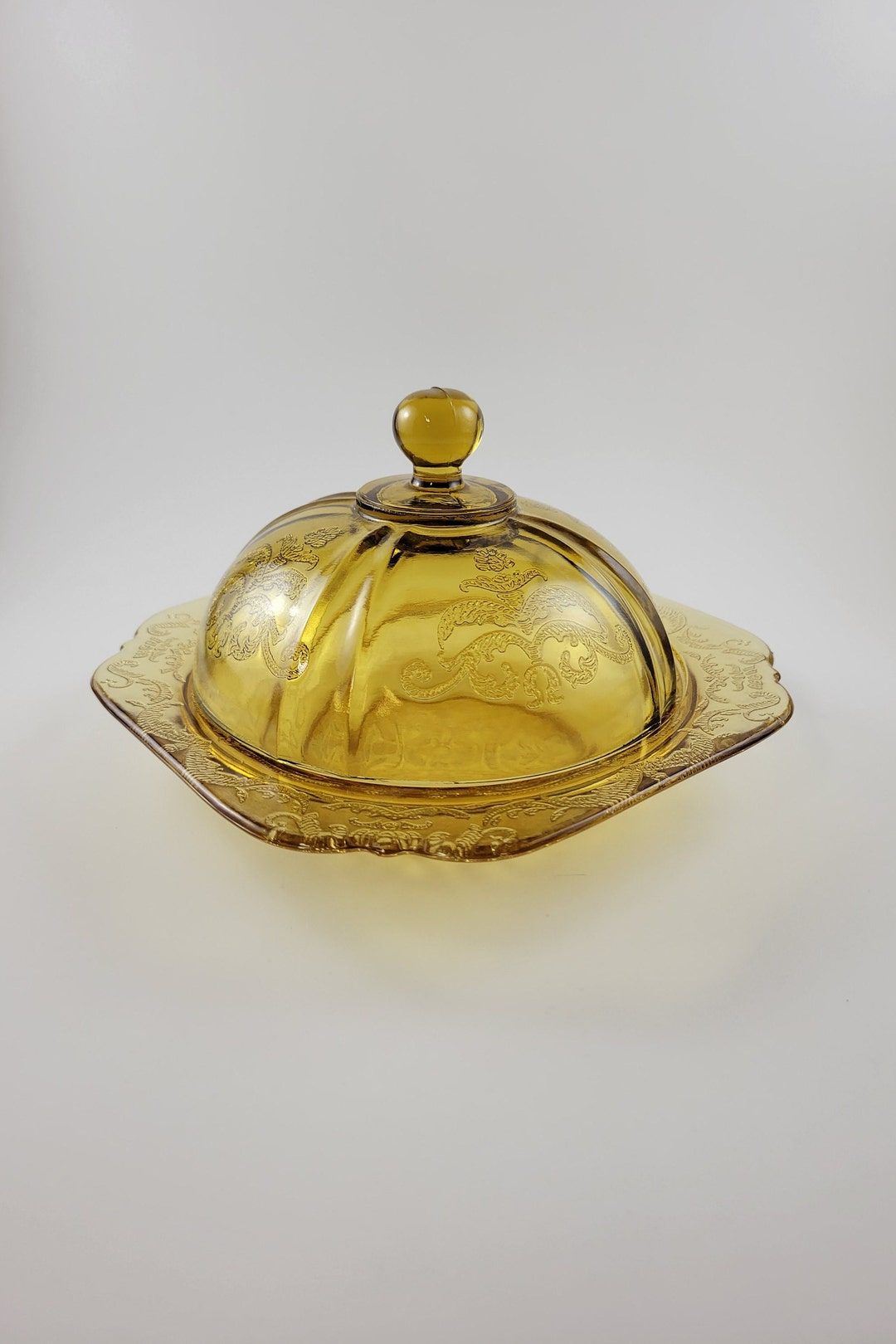 Vintage Amber Depression Glass Butter Dish, Madrid Pattern Glass