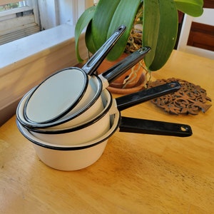 Vintage Black and White Enamelware Sauce Pans