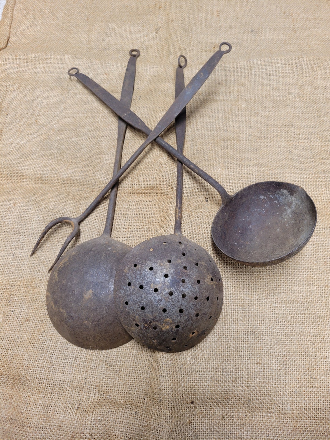 Antique Hand Wrought Iron Cooking Utensils 2 Ladles Skimmer Etsy