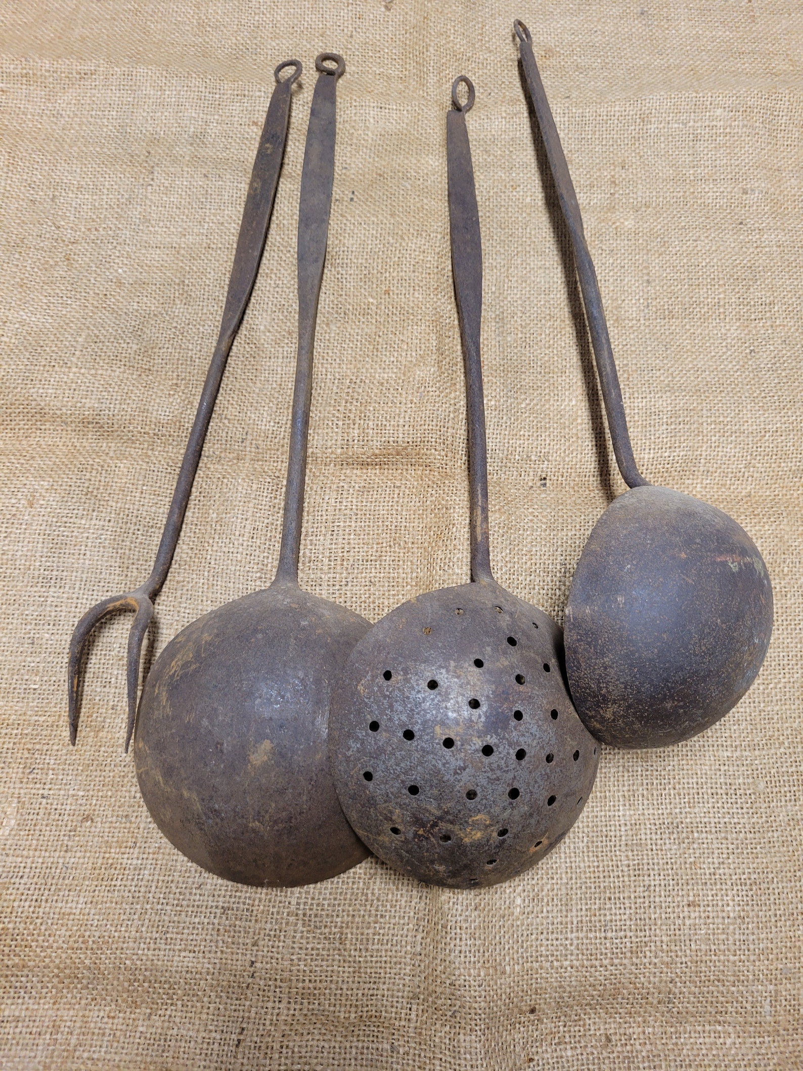 Antique Hand Wrought Iron Cooking Utensils 2 Ladles Skimmer Etsy