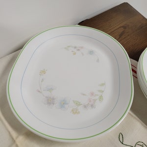 May include: A white oval serving platter with a green rim and a floral design in shades of blue, pink, and yellow.