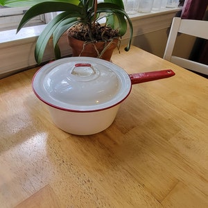 Vintage Red Trimmed Enamelware Sauce Pan with Lid