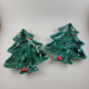 Set of 2 Vintage Holly Berry Tree Plates, Ceramic Christmas Tree Plates