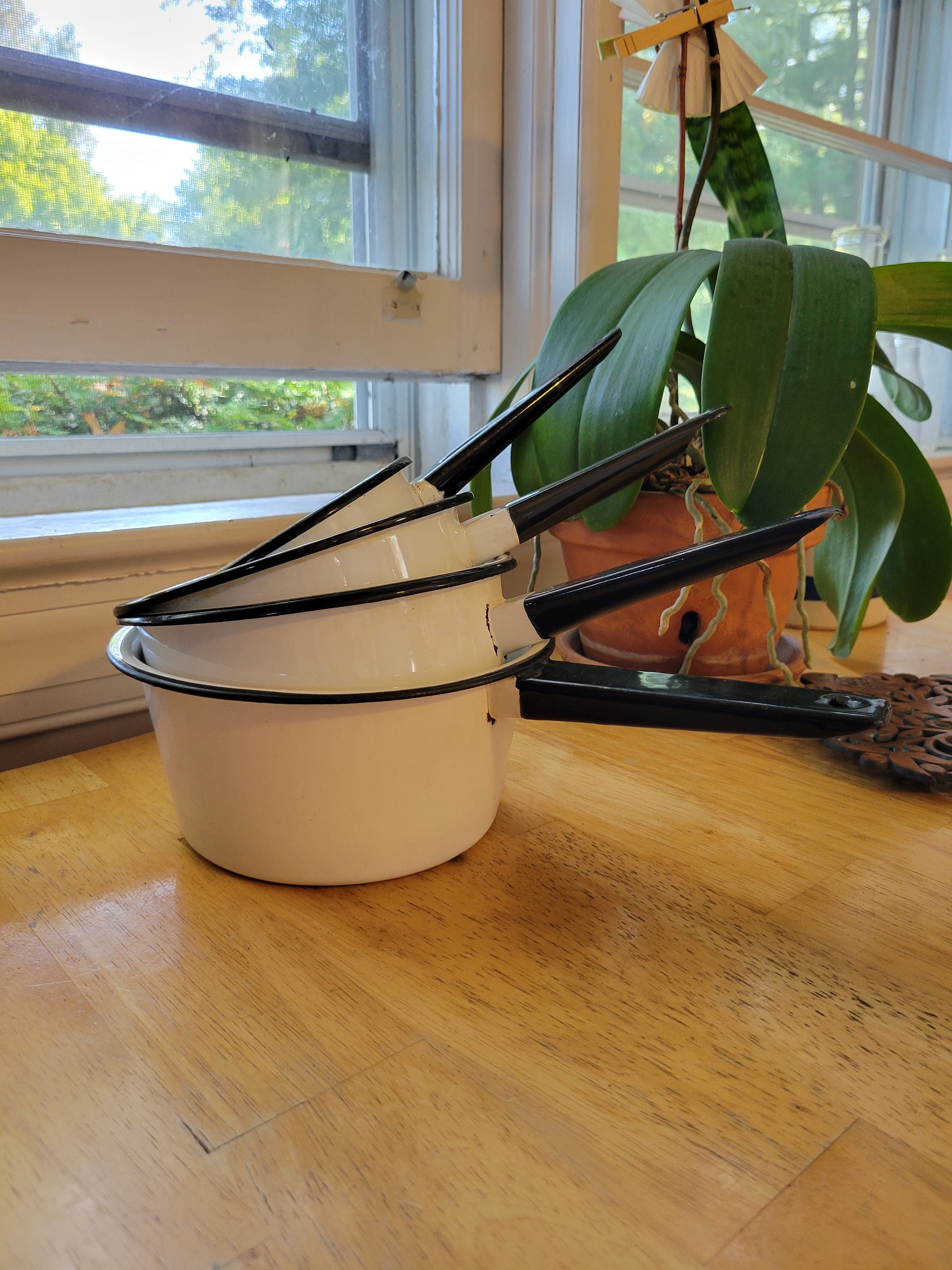 Vintage Black and White Enamelware Sauce Pans Etsy
