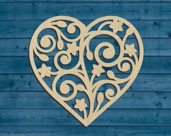 Floral Swirl Heart Cutout | Laser Cut Baltic Birch