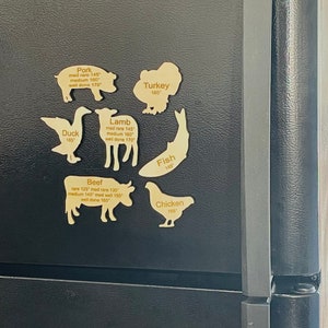May include: A set of wooden refrigerator magnets shaped like different animals, each with a name and internal temperature guidelines for cooking. The animals include a pig, turkey, duck, lamb, fish, cow, and chicken.