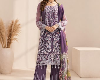 Purple Salwar Kameez Handmade Embroidered Suit, Traditional Pakistani Dress, Organza Indian Pakistani Women Outfit