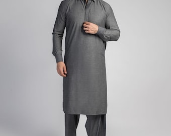Shalwar Kameez texturizado gris para hombre: Kurta pakistaní hecha a mano