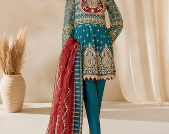 Embroidered Suit Salwar Kameez Handmade Pakistani Dress, Teal Blue Traditional Indian Pakistani Outfit for Women