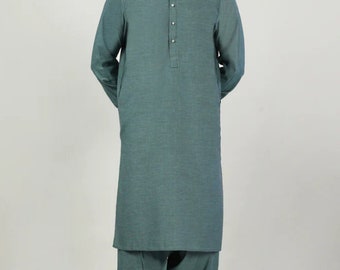 Shalwar Kameez gris verdoso hecho a mano: vestido pakistaní para Eid al-Fitr para hombre