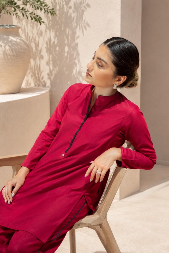 Red Salwar Kameez Handmade Cotton Red Kameez, Traditional