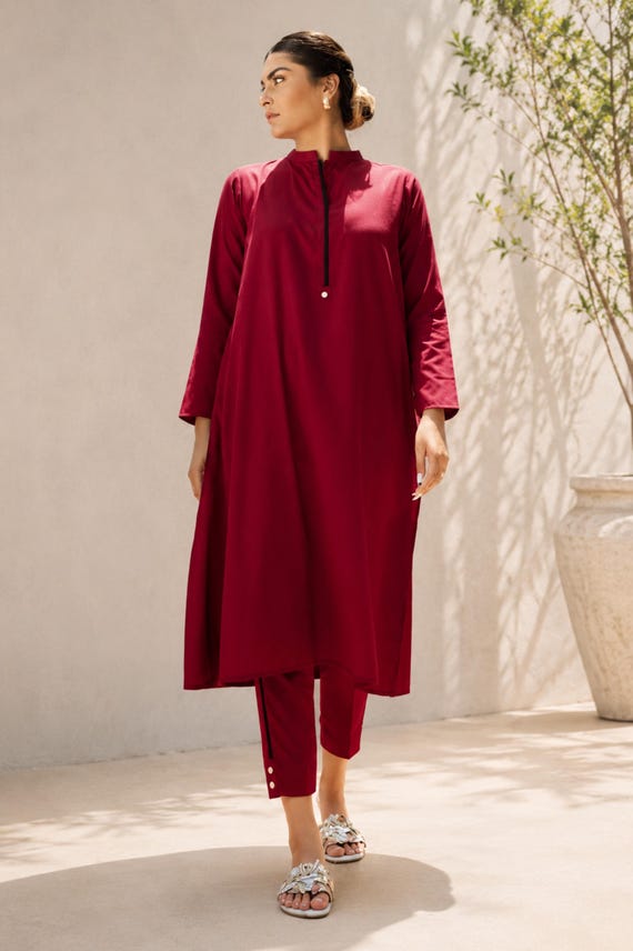 plain red chiffon dress pakistani Red Salwar Kameez Handmade Cotton Red Kameez, Traditional Pakistani Dress,  Indian Stitched Women Outfit With Chiffon Dupatta