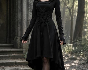 Capa renacentista negra con capucha, túnica medieval, disfraz de feria renacentista, capa con capucha y cordones, disfraz de fantasía para Halloween para adultos