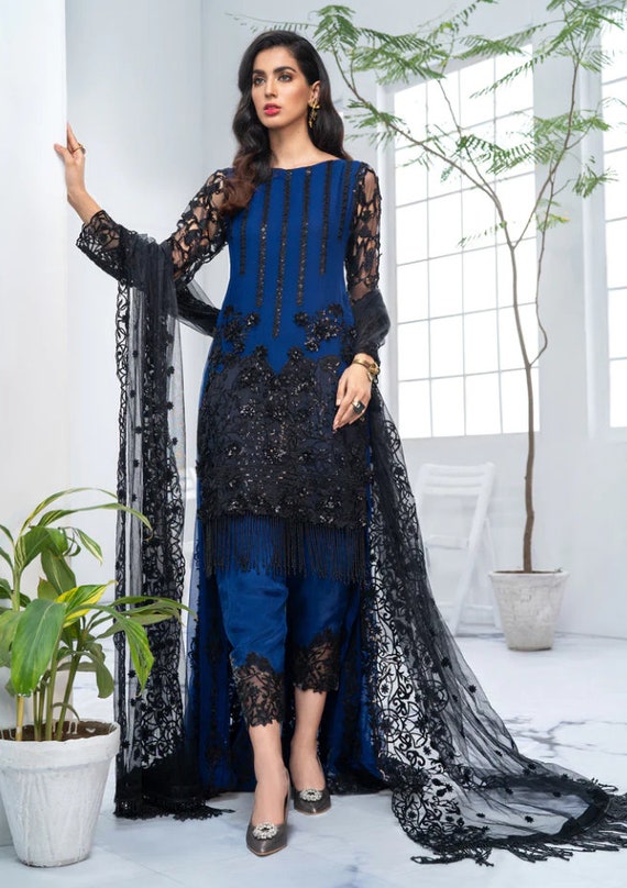 Handmade Embroidered Embellishment Chiffon Women Ink Blue Dress Pakistani Indian Designer Heavily Embroidered Women Eid Dress Gift for Her Etsy Canada