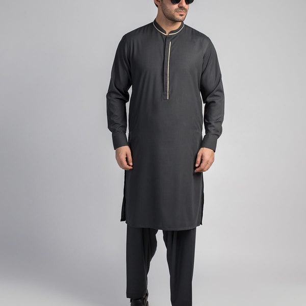 thumbnail image 2 of Zak Men's Pakistani Plain Black Shalwar Kameez – 100% Cotton – Casual Eid Or Cultural Wear 2 of 3