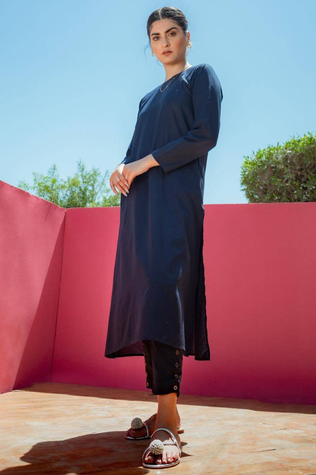 Navy Blue Shalwar Kameez: Handmade Pakistani Indian Cotton Dress