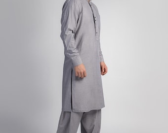 Pijama kurta Eid para hombre, hecho a mano, color gris claro, estilo Shalwar Kameez