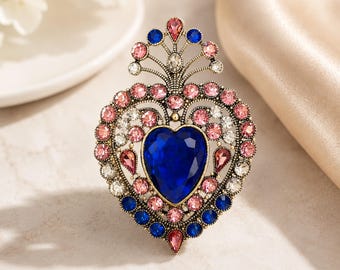 Vintage Style Love Heart Brooch Pin, Crystal Pink Blue Heart Brooch Gift, Elegant Rhinestone Heart Pin, Wedding Party Jewelry Accessory