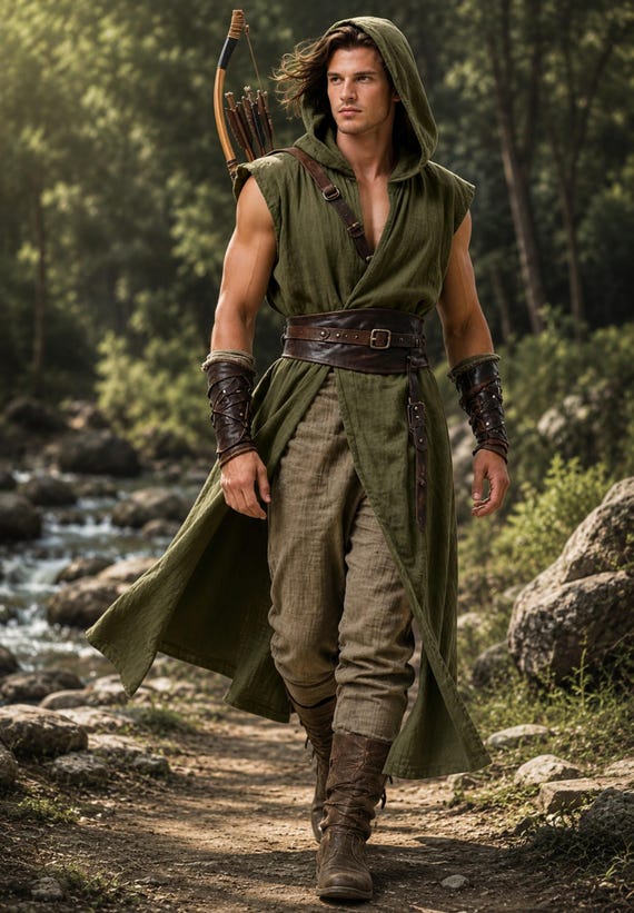Army Green Renaissance Cloak Medieval Hooded Surcoat Sleeveless Tabard Tunic for Renaissance Fair LARP Festival Costume Men