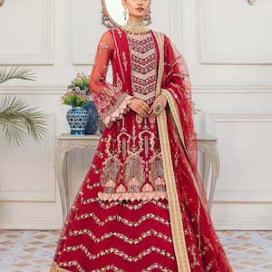 Handmade Heavily Embroidered Red Bridal Lehenga Dress Pakistani Indian Dress Designer Hand Embellished Embroidered Women Dress Wedding Dress