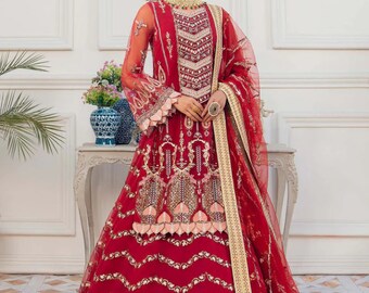 Vestido de novia lehenga rojo bordado a mano: vestido de novia indio pakistaní