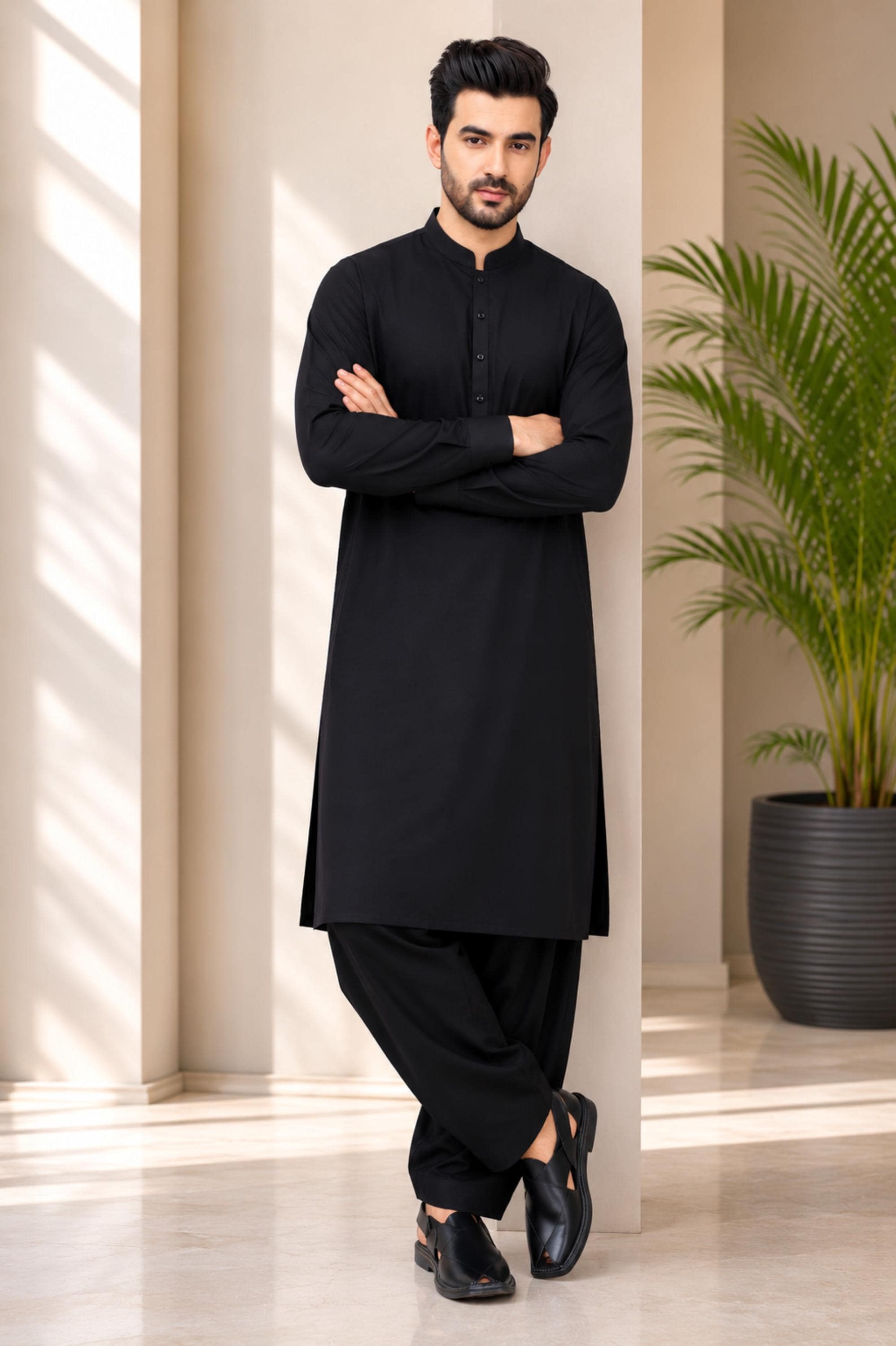 Men's Plain Black Shalwar Kameez Handmade Stylish Kurta Suit