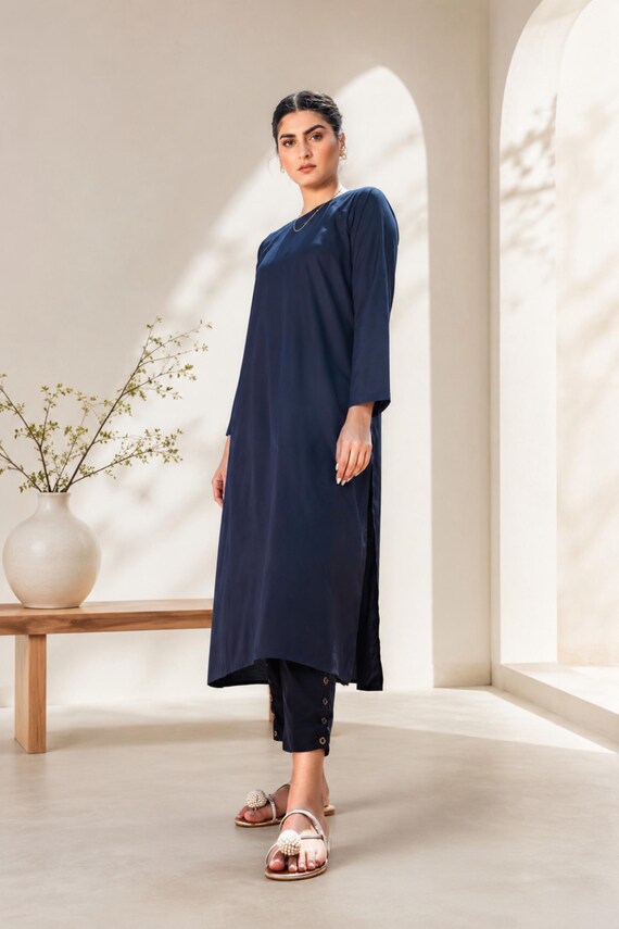 indian navy blue dress Salwar Kameez Handmade Stitched Women Dress, Casual Pakistani Dress, Traditional Cotton Outfit With Chiffon Dupatta Micro cotton Length incremental Girls: The Mary Navy Color:Black and Yellow