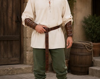 Medieval Tunic Beige Shirt Green Pants Renaissance Viking Inspired Costume Set Men's Historical Festival Outfit