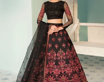 Vestido de novia bordado a mano: maxi indio pakistaní negro y rojo