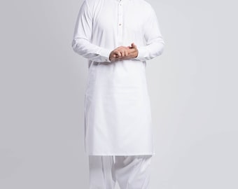 Shalwar Kameez texturizado blanco para hombre: Kurta pakistaní hecha a mano