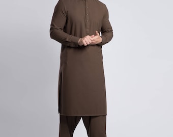 Pijama kurta Eid para hombre, hecho a mano, marrón, Shalwar Kameez