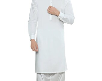 Pijama kurta Eid para hombre, hecho a mano, de algodón blanco roto.