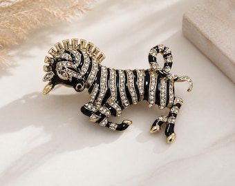 Vintage Style Rhinestone Zebra Brooch Pin, Crystal Animal Jewelry, Zebra Lover Gift, Elegant Holiday Party Brooch Accessory