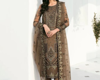 Vestido de organza bordado a mano: traje de diseñador pakistaní para Eid