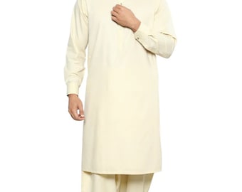 Shalwar Kameez de algodón blanco crema hecho a mano: vestido pakistaní para Eid para hombre