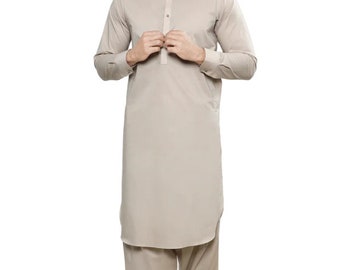 Shalwar Kameez de algodón beige claro hecho a mano: Kurta pijama para hombre para Eid