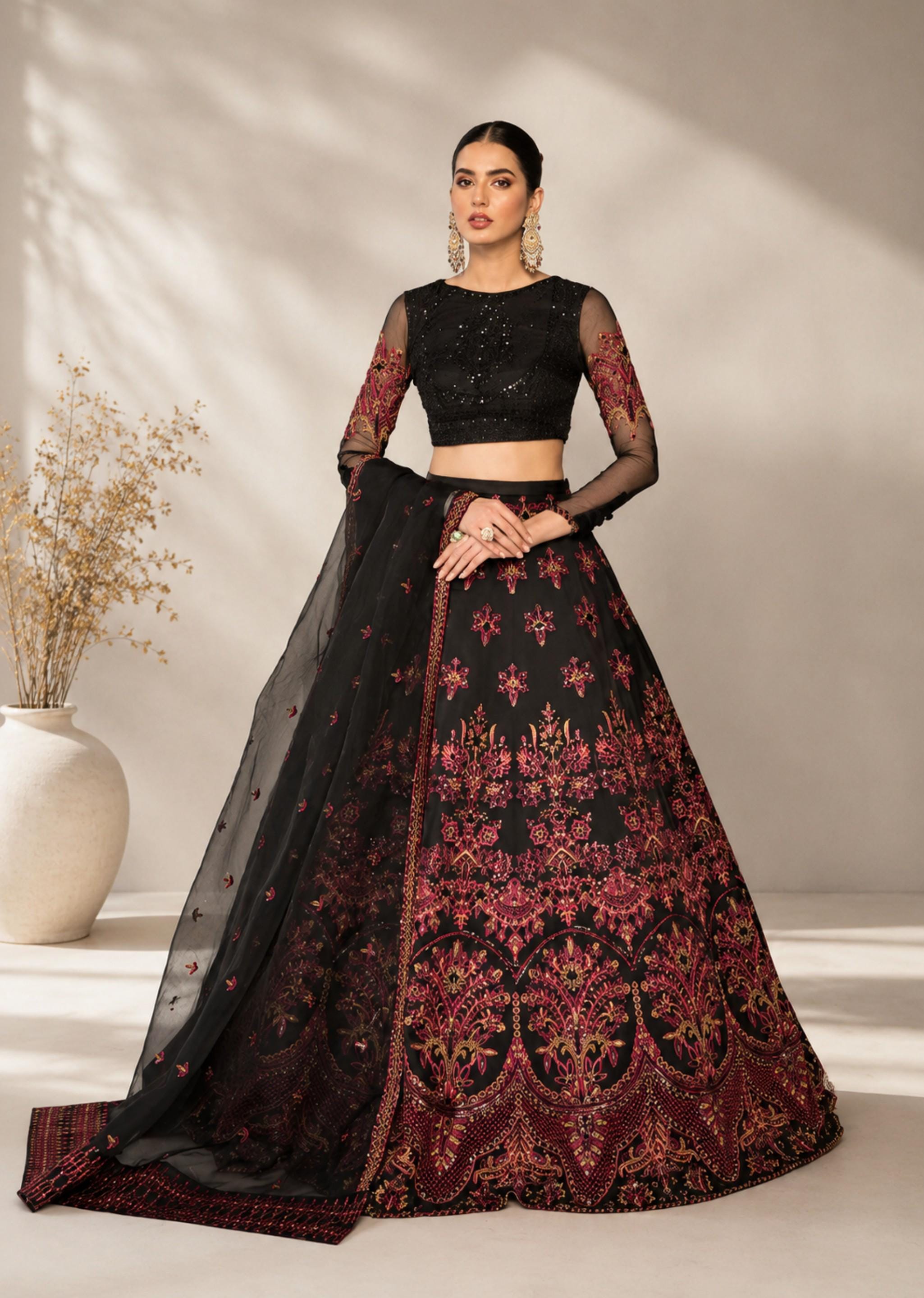 black and red indian dress Embroidered Lehenga Handmade Pakistani Dress, Black and Red Bridal Maxi,  Traditional Indian Wedding Outfit for Women
