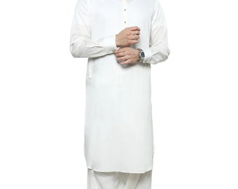 Shalwar Kameez de algodón hecho a mano: pijama kurta texturizado en color blanco roto