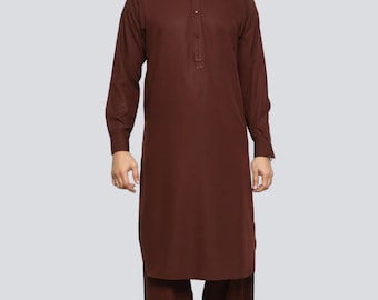Shalwar Kameez texturizado marrón para hombre: Kurta pakistaní hecha a mano