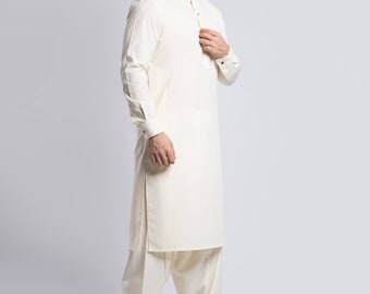 Pijama kurta Eid para hombre, color crema y blanco, hecho a mano